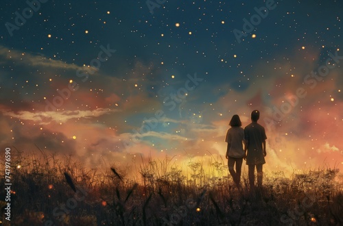 Stargazing couple in field