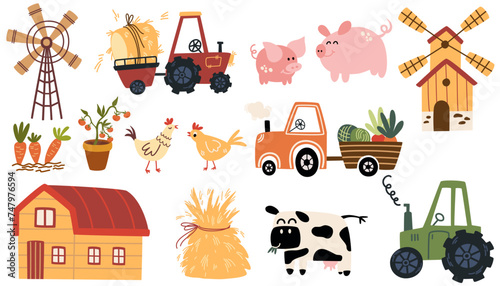 Farm or agricultural set. Harvesting, farm animals, transporting fruits, milking a cow, working on a tractor. Flat cartoon vector illustration.