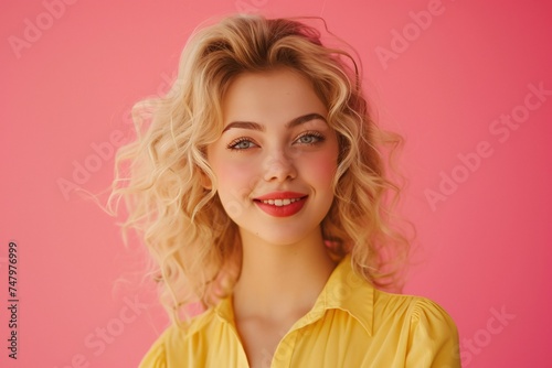 a woman with blonde hair and a yellow shirt