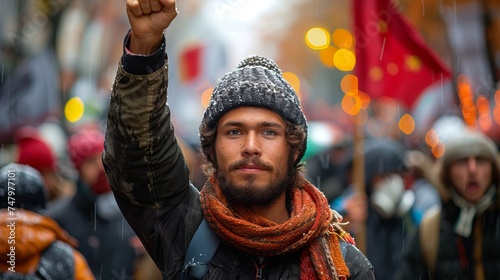 A young man with a red flag at a demonstration, expressing political activity and citizenship. Concept: Civic activism, political participation, youth movement. © Kostya