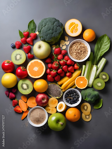 A balanced plate of food with colorful vegetables  and healthy fats.