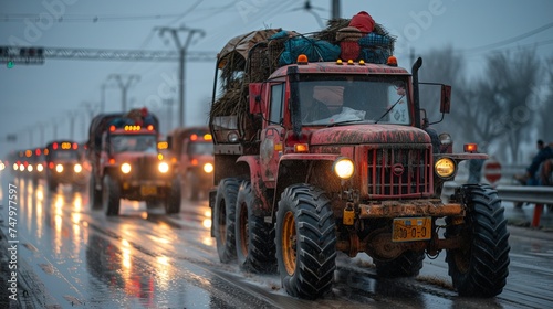 an agricultural tractor drives along a city street symbolizing the protest of farmers in Europe concept: agriculture, protests and rallies, peaceful protests © Kostya
