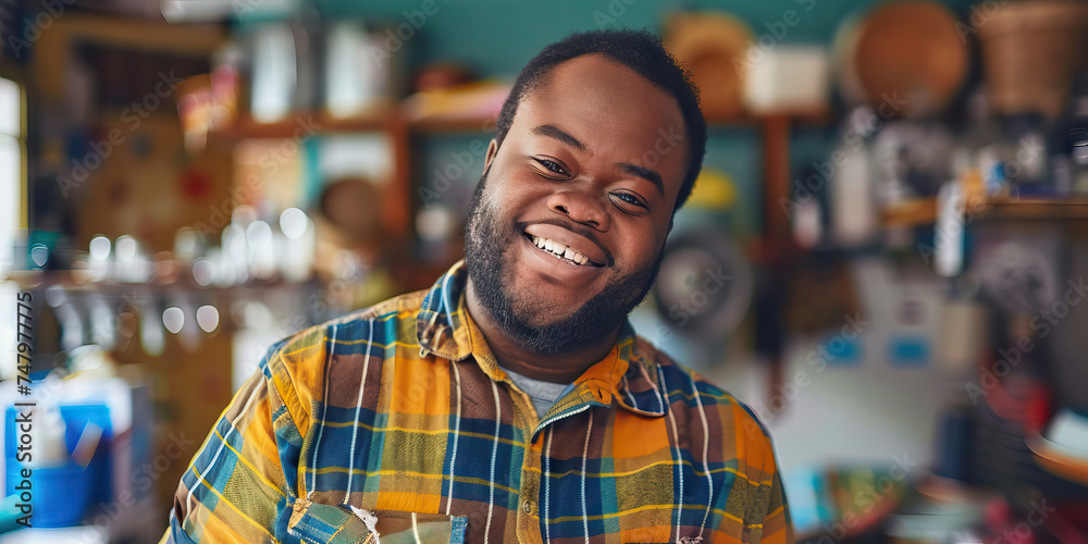 African American man with Down syndrome volunteering at a local shelter. Learning Disability - obrazy, fototapety, plakaty 