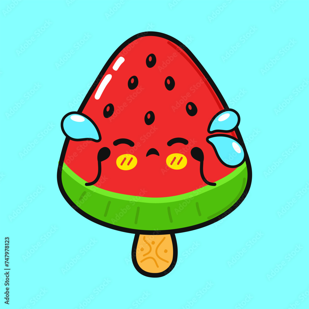 Crying Ice cream character. Vector hand drawn cartoon kawaii character illustration icon. Isolated on blue background. Sad Ice cream character concept Crying Ice cream character. Vector hand drawn cartoon kawaii character illustration icon. Isolated on blue background. Sad Ice cream character concept
