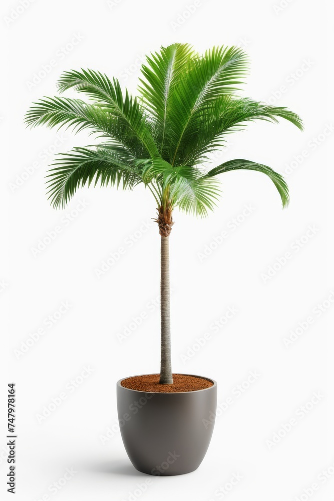 Obraz premium Isolate Green Palm Tree against white wall, indoor plant decoration mock up