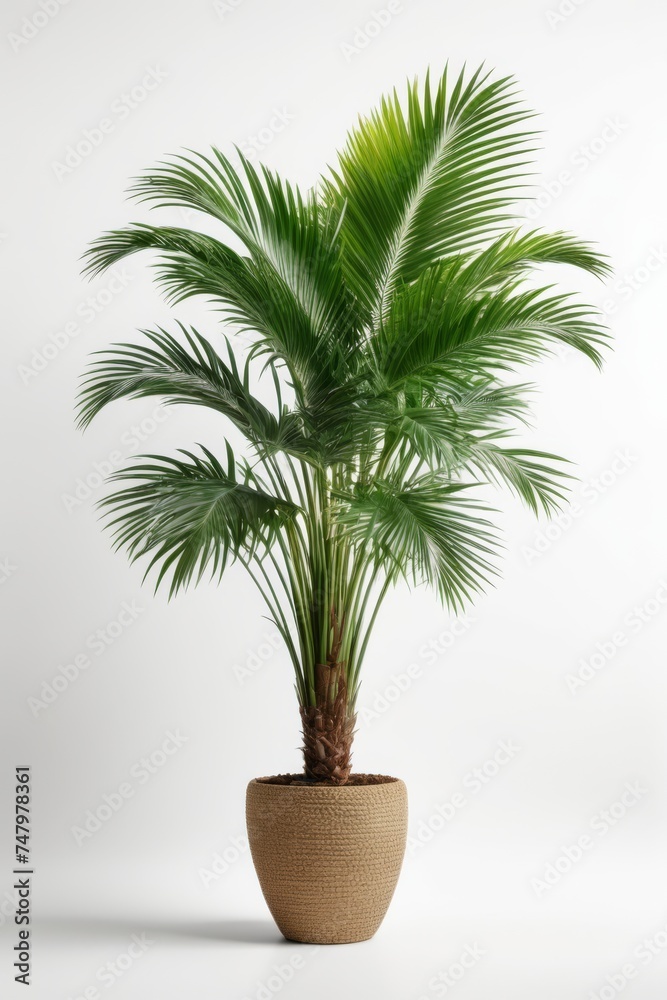 Isolate Green Palm Tree against white wall, indoor plant decoration mock up Isolate Green Palm Tree against white wall, indoor plant decoration mock up