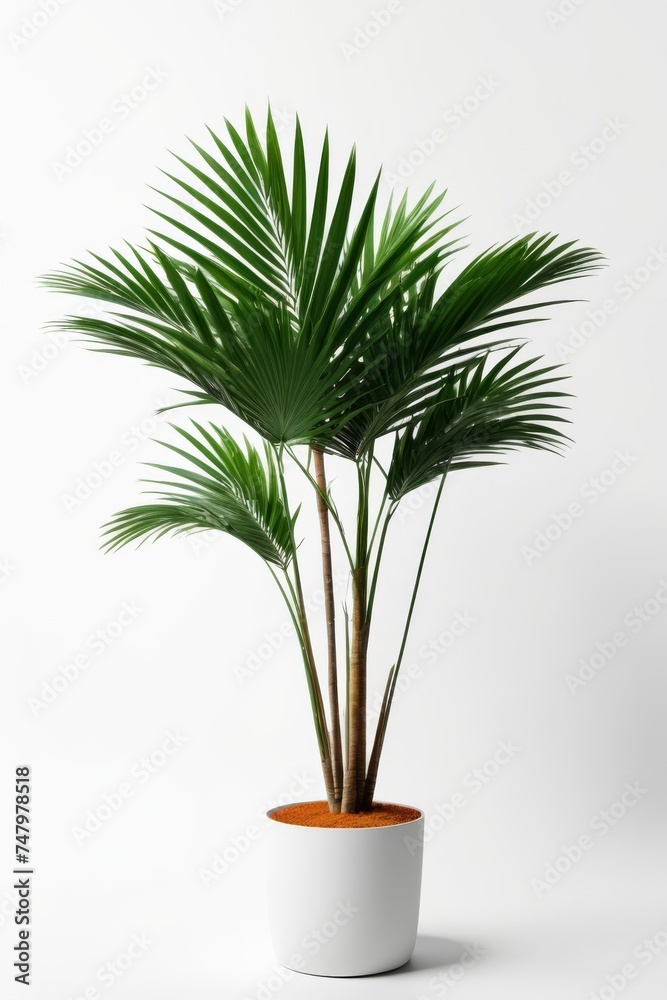 Isolate Green Palm Tree against white wall, indoor plant decoration mock up Isolate Green Palm Tree against white wall, indoor plant decoration mock up