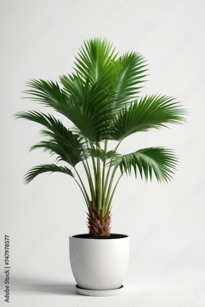 Isolate Green Palm Tree against white wall, indoor plant decoration mock up