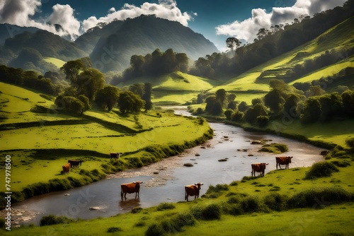 A peaceful river flowing through a lush valley, with grazing cows on the riverbank adding a pastoral touch.