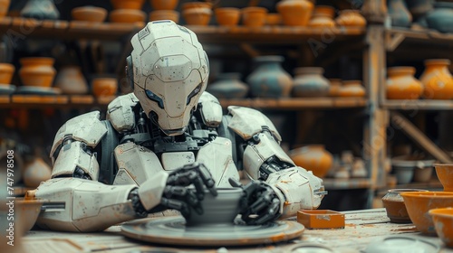 An advanced robot meticulously shapes clay on a pottery wheel, displaying a synthesis of technology and traditional arts