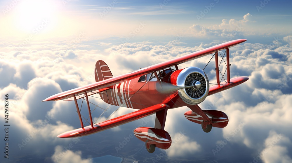 a red airplane flying in the sky - obrazy, fototapety, plakaty 