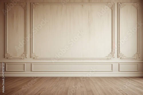 Empty room mock up of a taupe classic wooden wainscoted wall with wood flooring