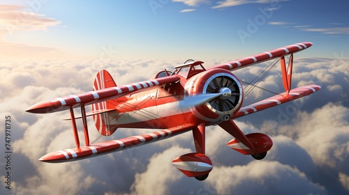 a red and white airplane flying in the sky photo