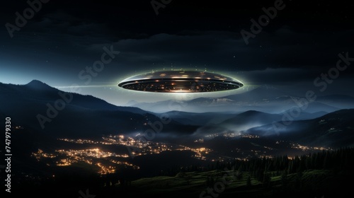 Ufo object flying in sky with copy space, alien spaceship for text and design, spacecraft in space