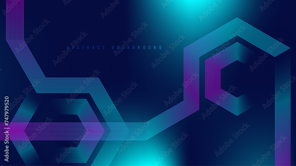 Fototapeta premium Abstract blue and pink glowing geometric lines on dark blue background.