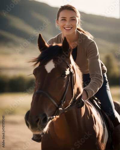 Attractive Feminine Farmgirl on Horse Portrait, created with Generative AI technology