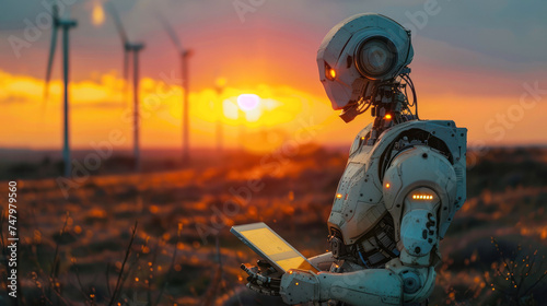 Against the backdrop of a serene sunset, a robot with human-like features is engrossed in a digital tablet amidst a field