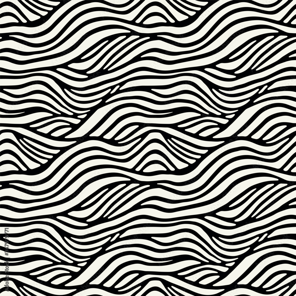 Vector seamless pattern. Stylised ocean waves. Hand drawn graphic sea waves. Tileable monochrome swatch.