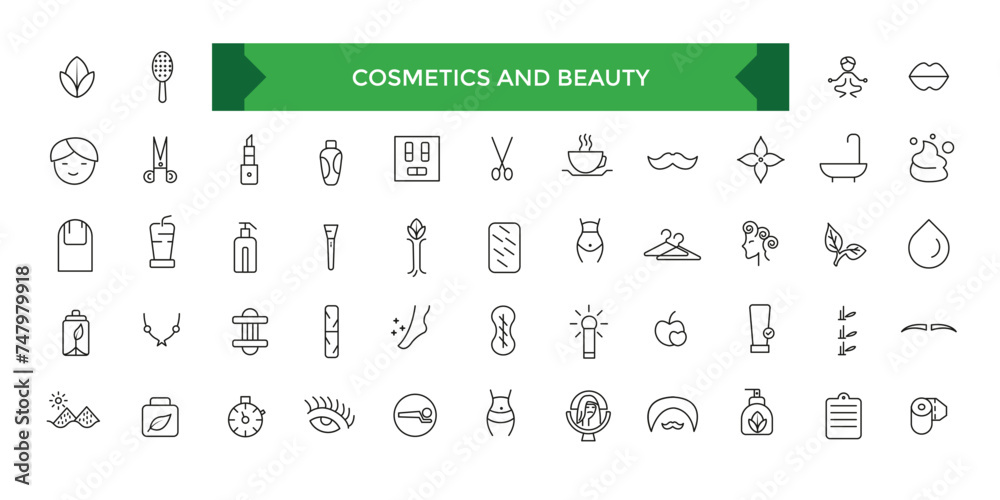 Cosmetics and beauty line icons collection. Big UI icon set in a flat design. Thin outline icons pack. Vector illustration