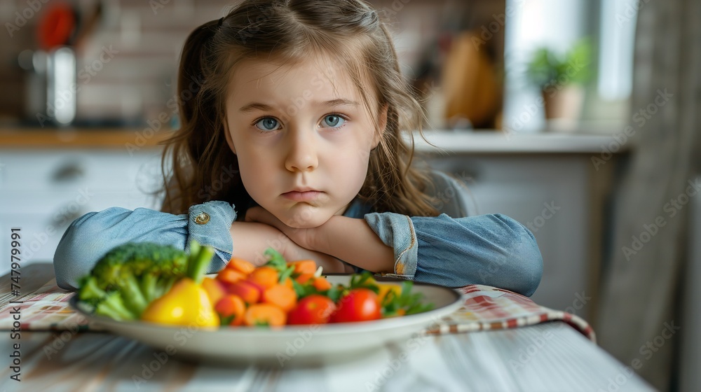 A sulking girl sitting in front of a vegetable plate with a kitchen backdrop and a big space for text or product, Generative AI.