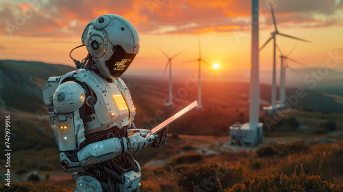 This depicts a close-up of a robot with a tablet, standing in a wind farm during sunset, illustrating technology and environment coexistence