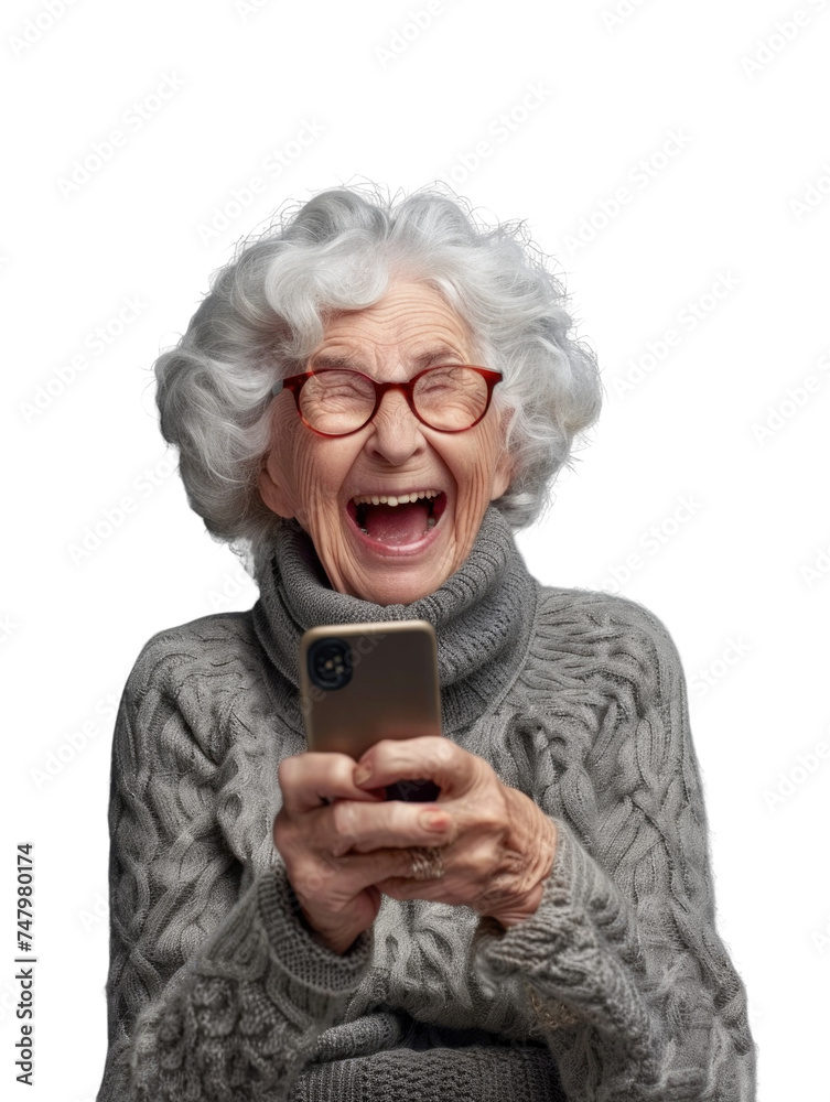 Elderly woman with surprise emotion when looking mobile phone Elderly woman with surprise emotion when looking mobile phone