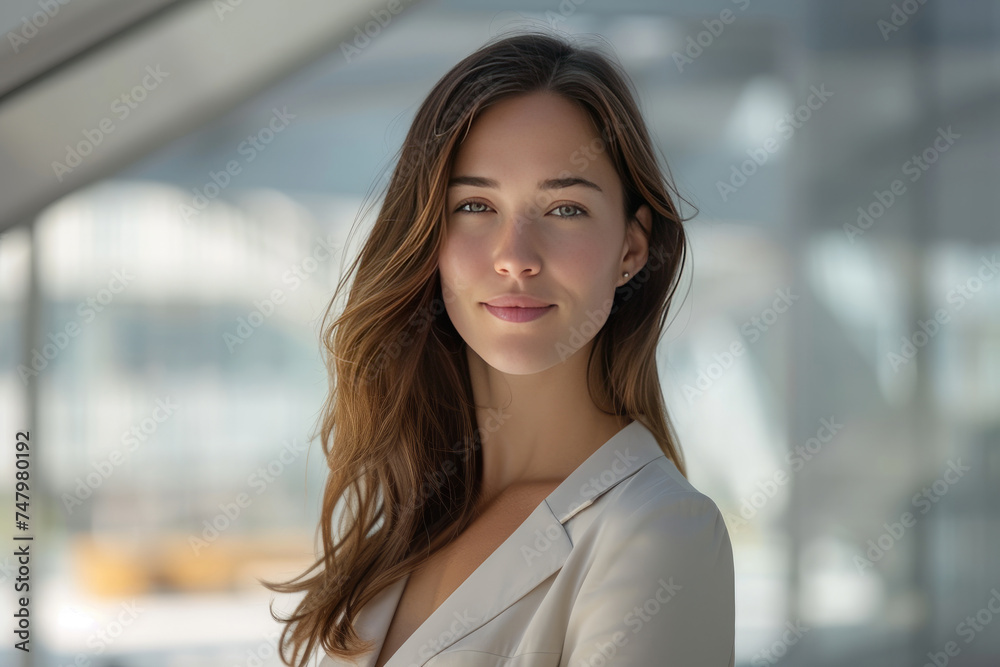 Beautiful businesswoman in chic tailored suit at a modern corporate office