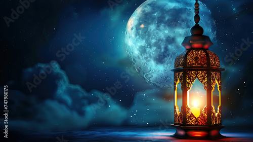 ramadan lantern with lights in front of the moon. ramadan kareem holiday celebration concept