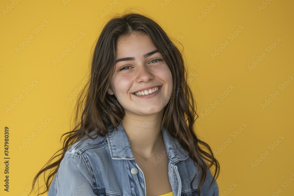 © MediaRaw - happy teen girl. Dressed in a cowboy jacket. Yellow background © MediaRaw - happy teen girl. Dressed in a cowboy jacket. Yellow background
