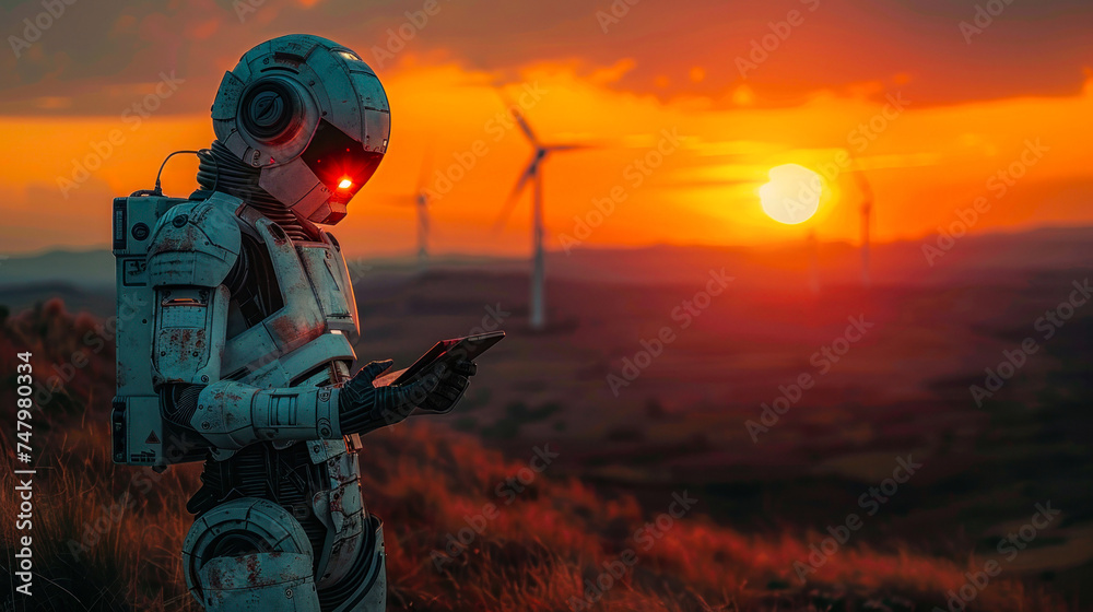 A humanoid robot stands alone holding a tablet, silhouetted against a vivid sunset with rolling hills and wind turbines A humanoid robot stands alone holding a tablet, silhouetted against a vivid sunset with rolling hills and wind turbines