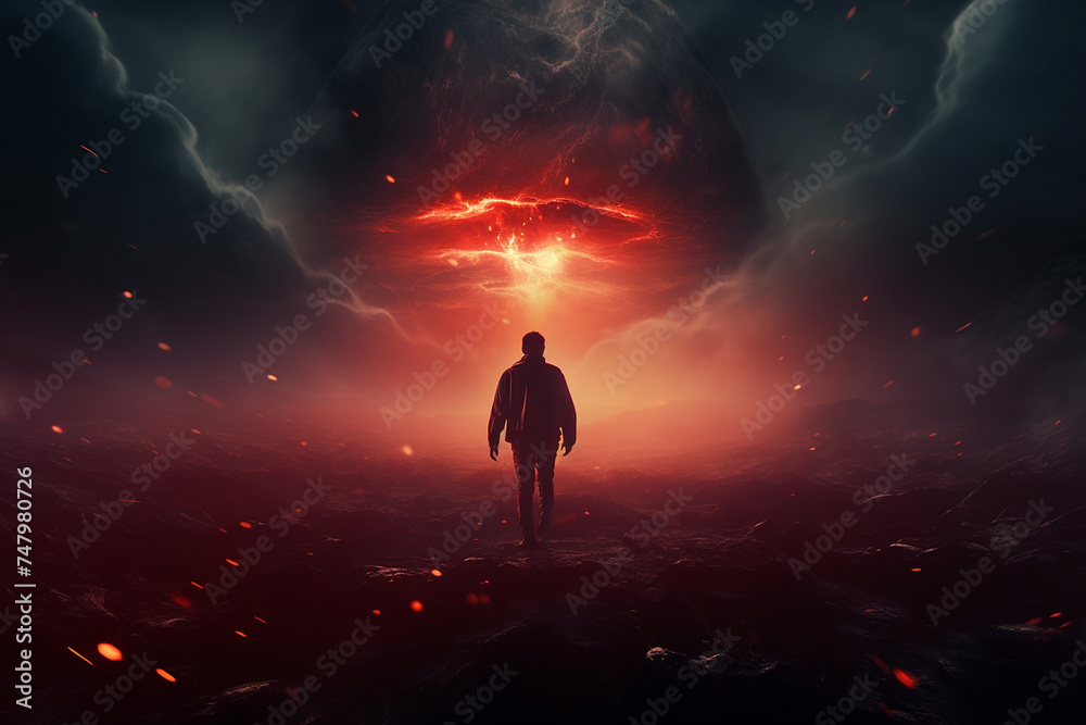 Sci-fi, fantasy, states of mind concept. Man dark silhouette running into unknown surreal landscape background. Abstract, surreal and chaotic landscape background with copy space
