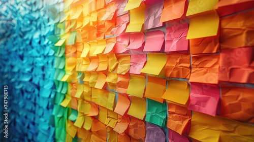 A vibrant wall covered with multicolored sticky notes creating a textured mosaic.