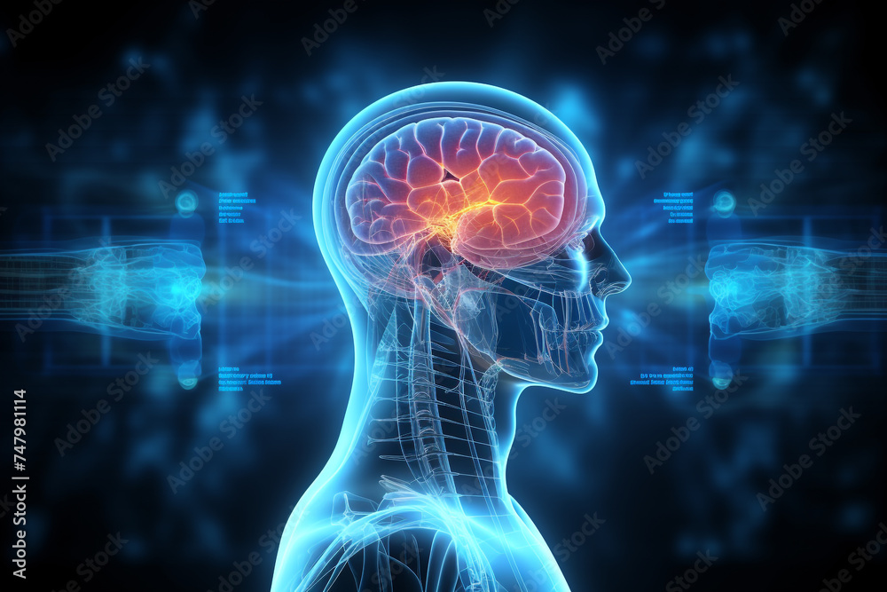 Health care, medicine, science concept. Human brain x-ray scan abstract colorful illustration. Neon colored human brain scan silhouette on dark background Health care, medicine, science concept. Human brain x-ray scan abstract colorful illustration. Neon colored human brain scan silhouette on dark background