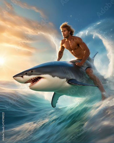 Man Surfing on the Back of a Great White Shark, created with Generative AI technology © Snap2Art