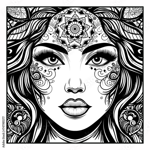 Vector illustration of a woman's mandala face on white separate background