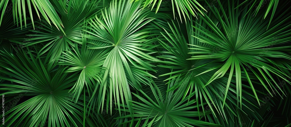 This close-up shot showcases a bunch of vibrant green palm leaves, with intricate textures and patterns visible up close. The leaves are lush and healthy, forming a refreshing and natural background.