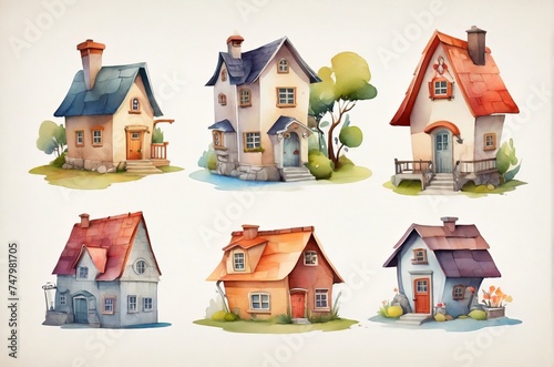 Watercolor set of fairy houses on pastel background. AI generated