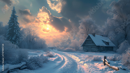 snow covered path leading to wooden cabin with trees and sunset sky in winter landscape