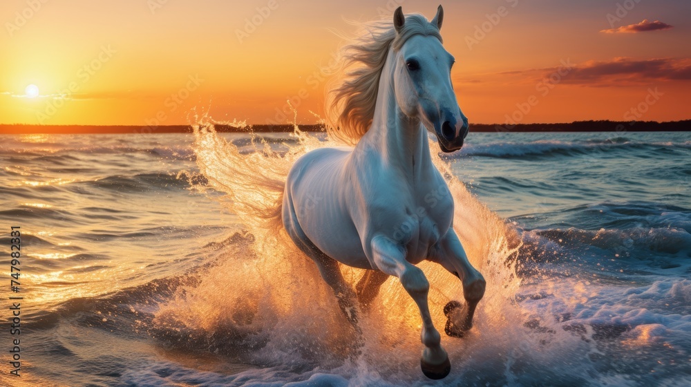 Horse galloping on beach at sunset, serene backdrop with ample space for text or design elements. Horse galloping on beach at sunset, serene backdrop with ample space for text or design elements.
