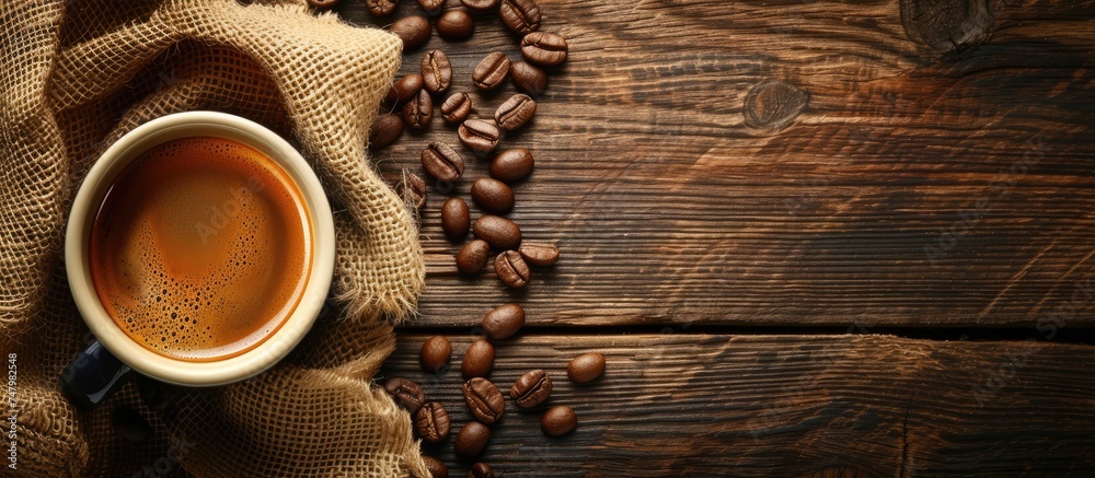 A cup of coffee is placed on top of a rustic wooden table, with coffee beans scattered around. The warm beverage contrasts with the rough texture of the wood. A cup of coffee is placed on top of a rustic wooden table, with coffee beans scattered around. The warm beverage contrasts with the rough texture of the wood.