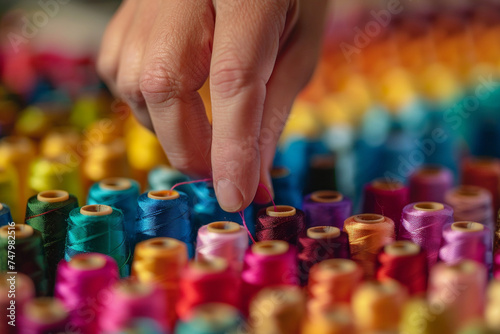 A close-up of a hand reaching out to select the perfect thread from a colorful array, highlighting the artistry of sewing, photo