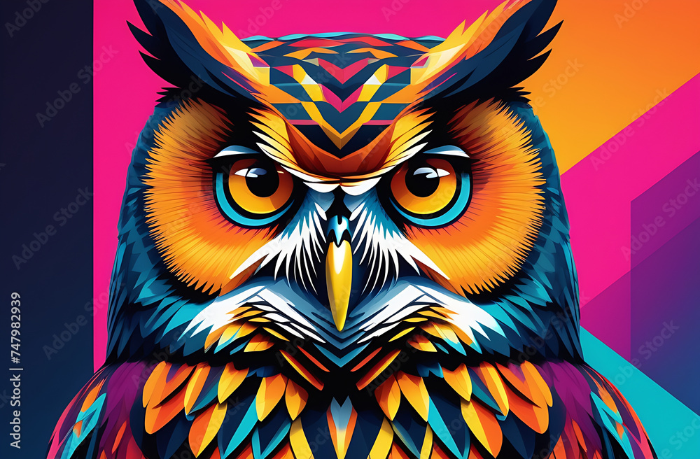 Fototapeta premium Illustration of owl in 1980's futuristic style, bright vivid colours