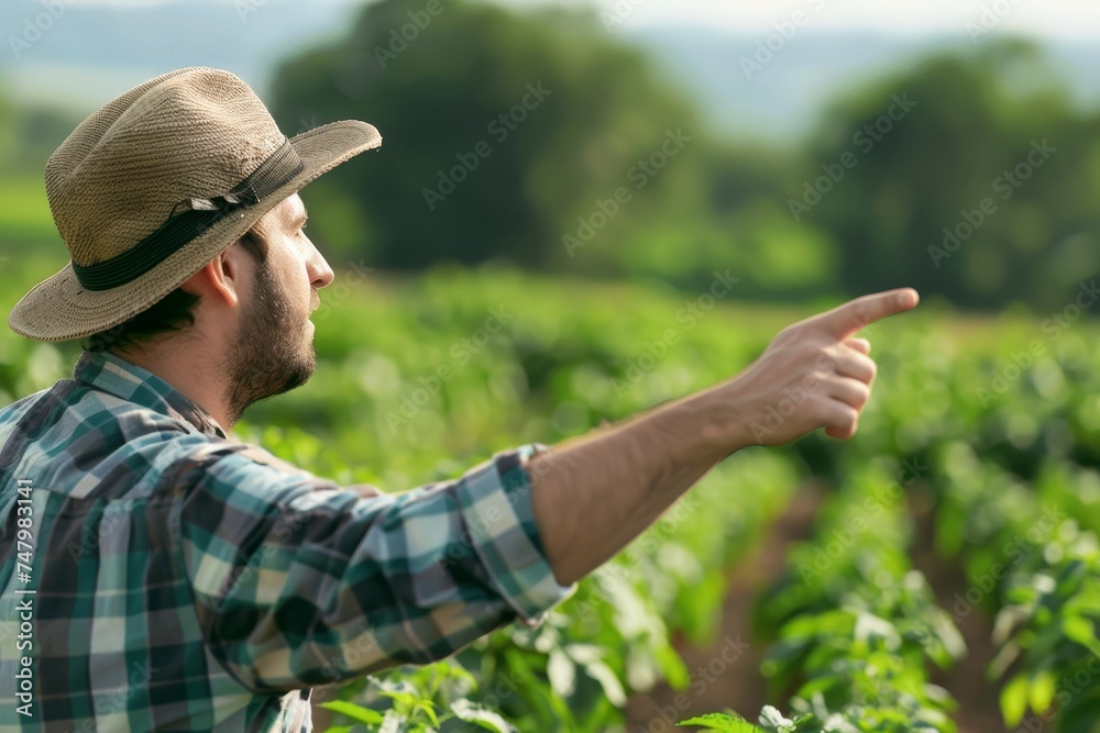 Farmer Discussing Crop Rotation - A farmer wearing a hat, pointing to a space where tips on sustainable farming practices could be shared. Farmer Discussing Crop Rotation - A farmer wearing a hat, pointing to a space where tips on sustainable farming practices could be shared.