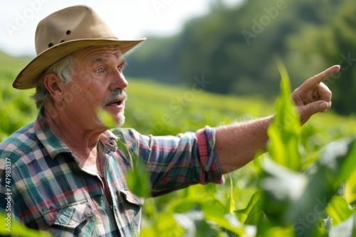 Farmer Discussing Crop Rotation - A farmer wearing a hat, pointing to a space where tips on sustainable farming practices could be shared. 