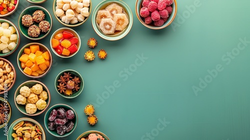 Bowls with different eastern sweets for Ramadan kept on a green surface with top view and a space for text or product, Generative AI.