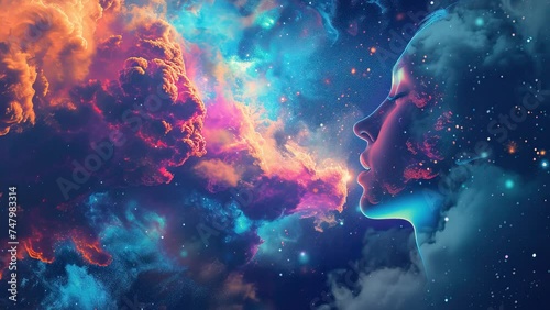 Abstract silhouette woman of nebulae and stars. Stylized head of a young girl. Dream, transcendent and meditation concept.