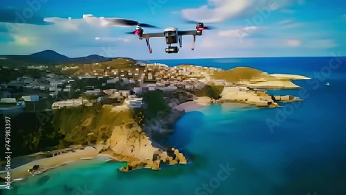 The quadcopter flies over a picturesque coastline with crystal clear water, sandy beaches and urban development in the distance. Concept: unmanned aerial photography, tourism, geography and technologi photo