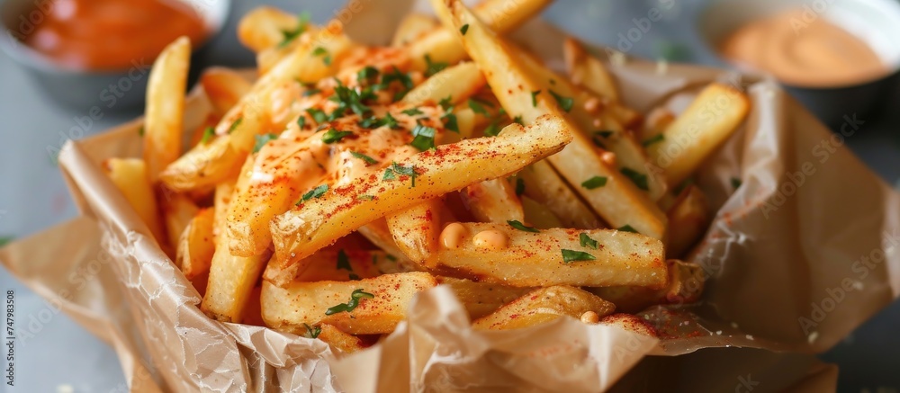 A close-up shot of a basket filled with crispy golden French fries topped with gooey cheese and sprinkled with spicy paprika. A close-up shot of a basket filled with crispy golden French fries topped with gooey cheese and sprinkled with spicy paprika.