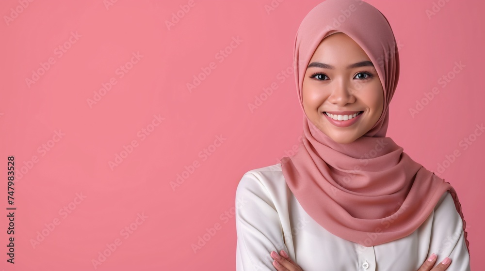 a woman wearing a pink head scarf smiling a woman wearing a pink head scarf smiling