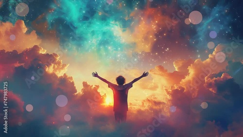 Man stands amidst a vast sky filled with fluffy clouds, creating a surreal and dreamlike scene.